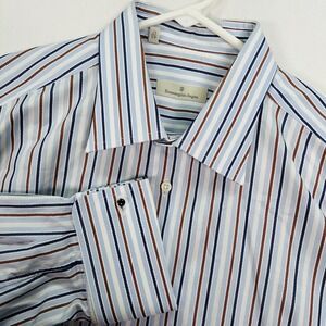 Ermenegildo Zegna Dress Shirt Mens 17 French Cuffs Blue Brown Stripe Long Sleeve